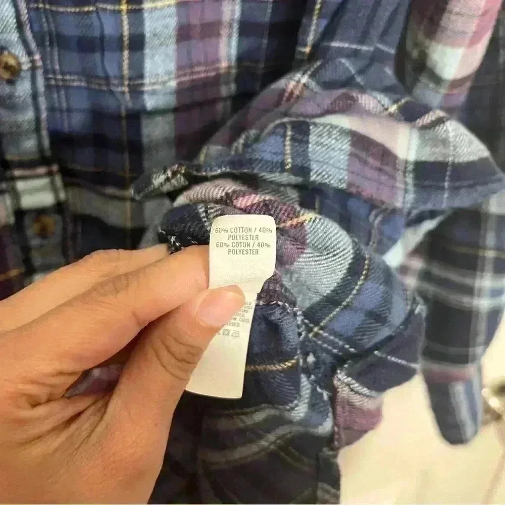 AERIE Pink Navy Blue Button Up Long Sleeve Flannel | size small - Picture 4 of 7